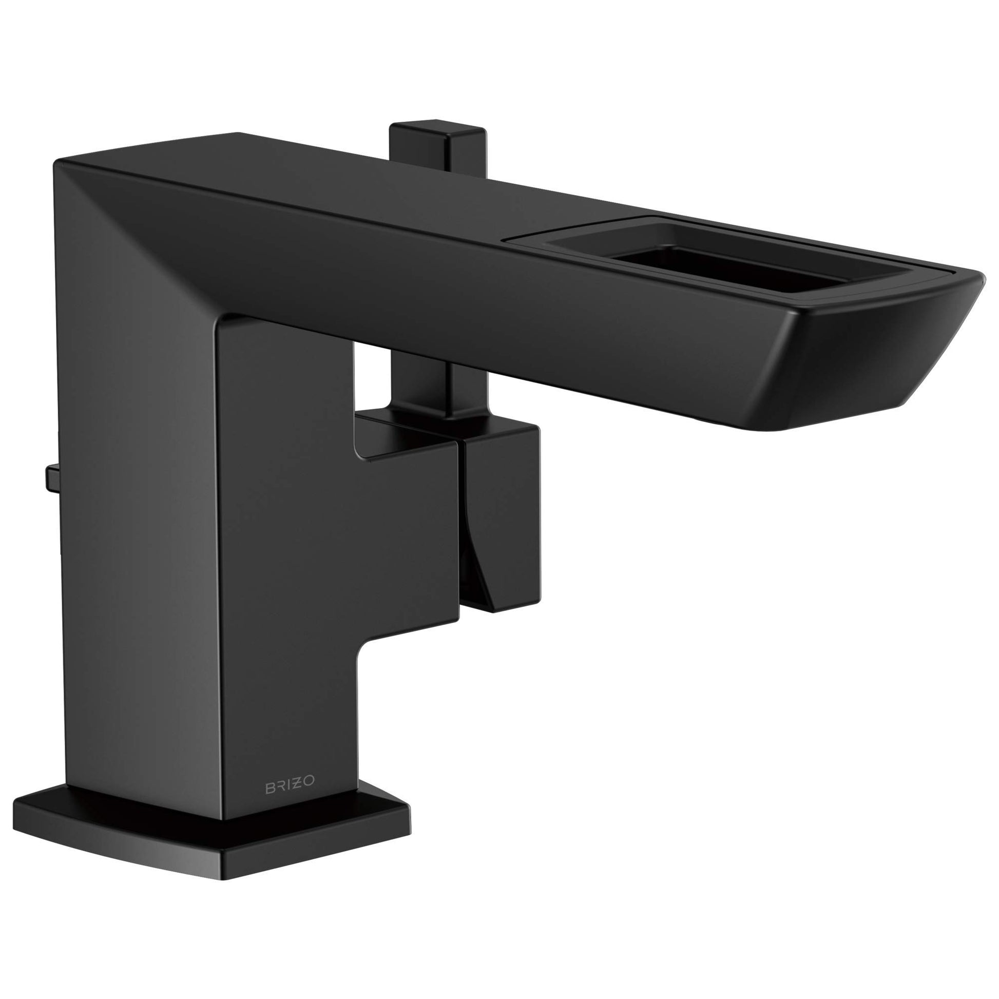 Black single-handle bathroom faucet with rectangular spout and square base on white background.