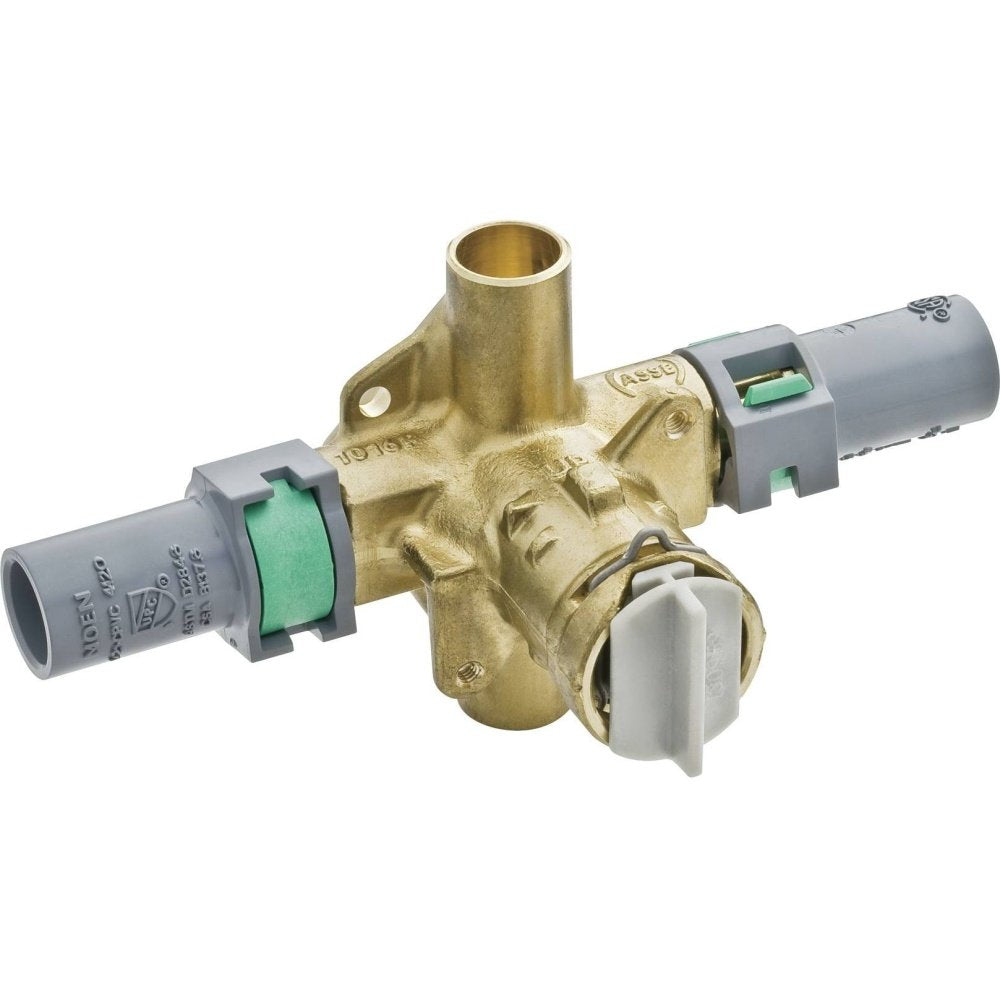 Brass valve connection with gray PVC ports, green connector bands, and white handle lever.