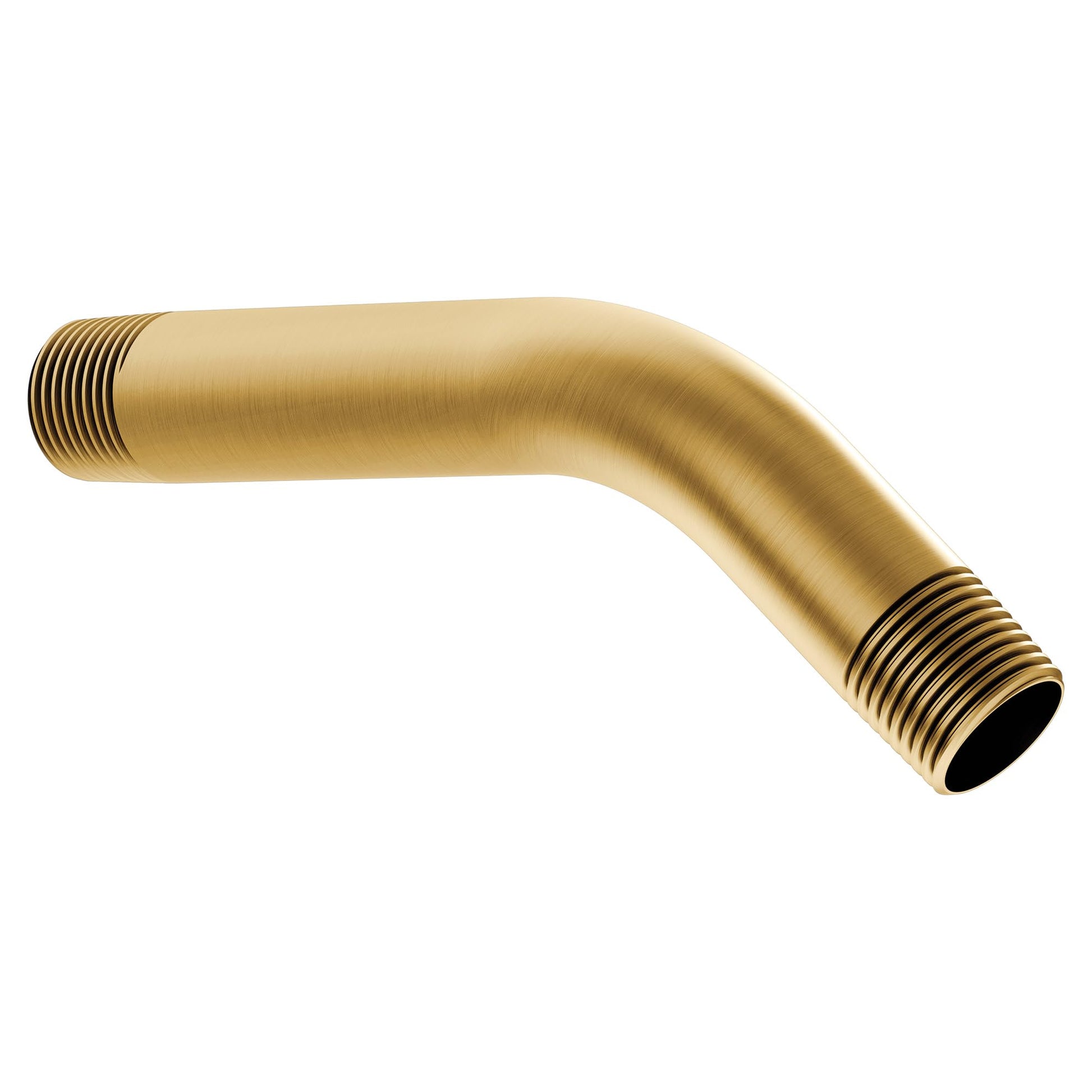Brushed gold curved shower arm with threaded connections at both ends.
