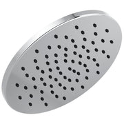 Chrome raincan shower head with multiple spray holes in a grid pattern on its circular face.