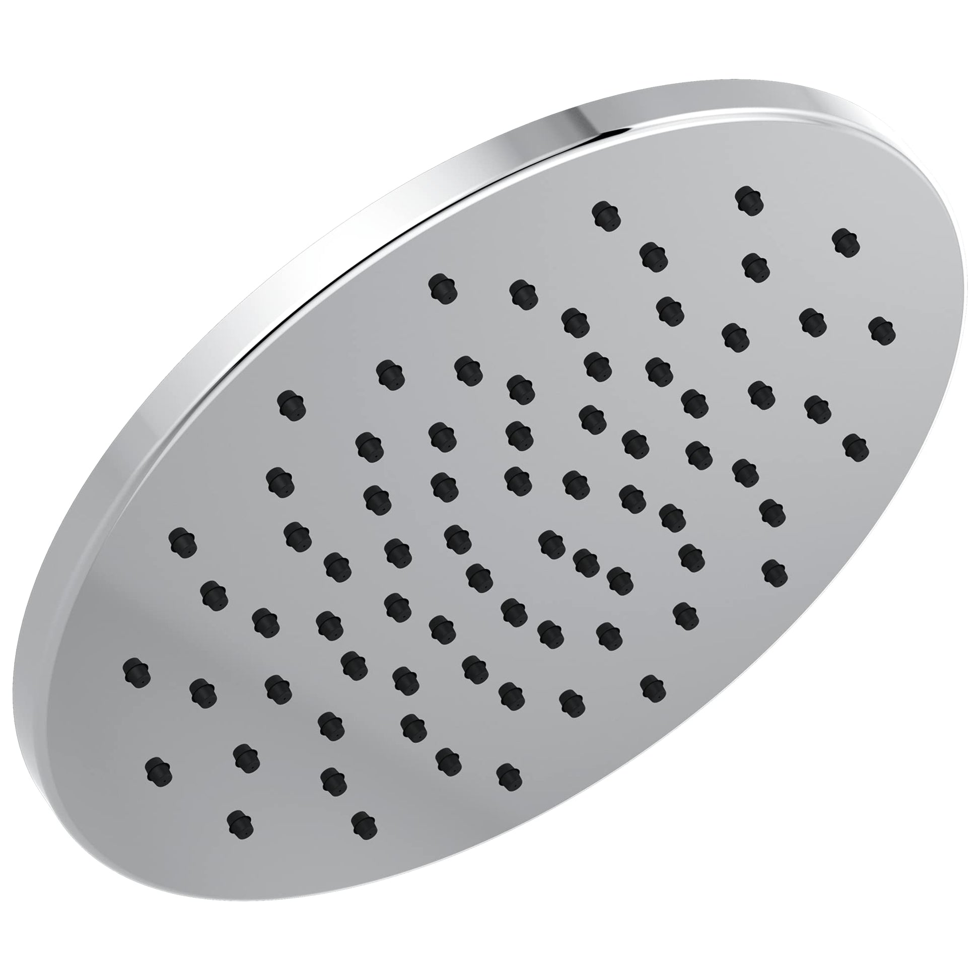 Chrome raincan shower head with multiple spray holes in a grid pattern on its circular face.