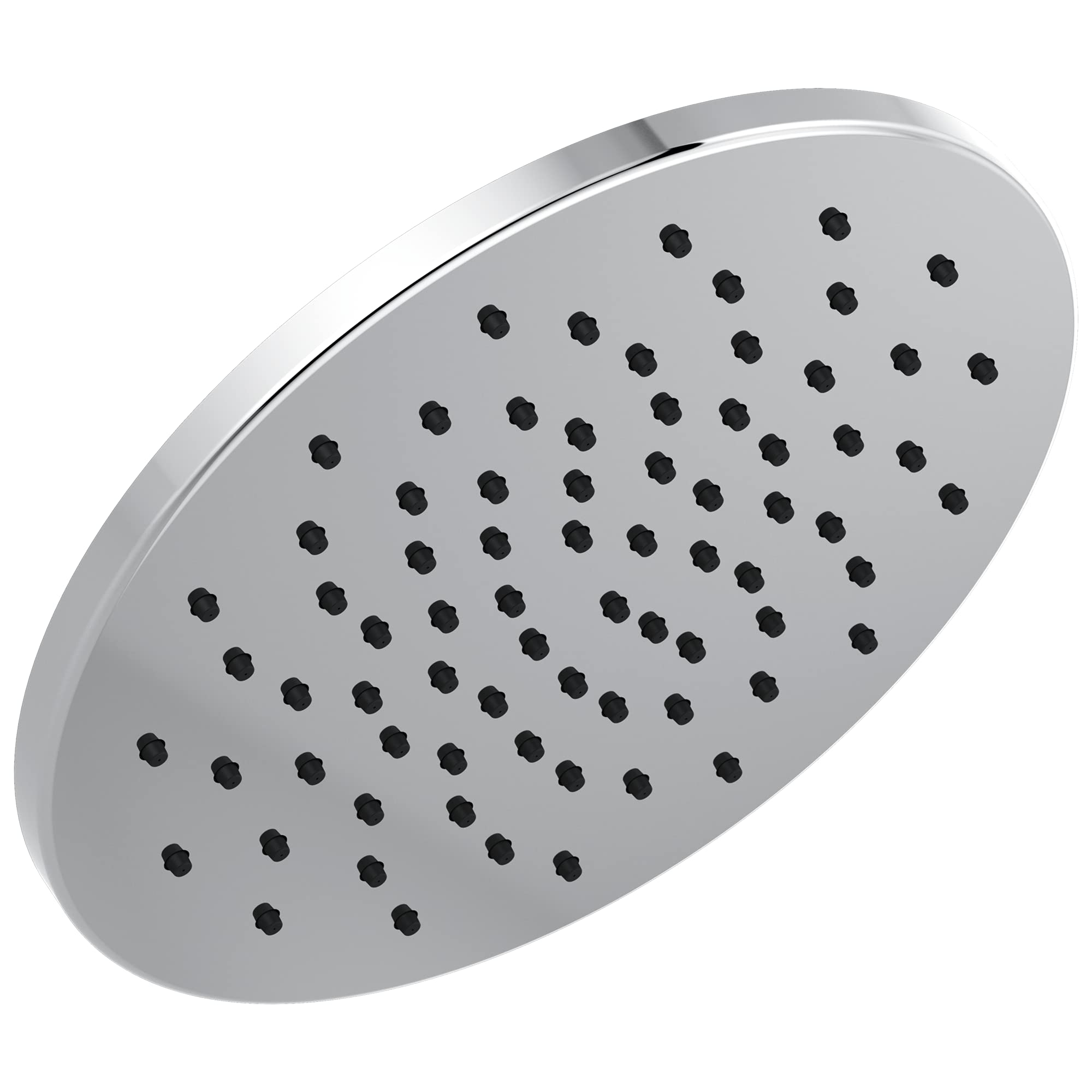 Chrome raincan shower head with multiple spray holes in a grid pattern on its circular face.
