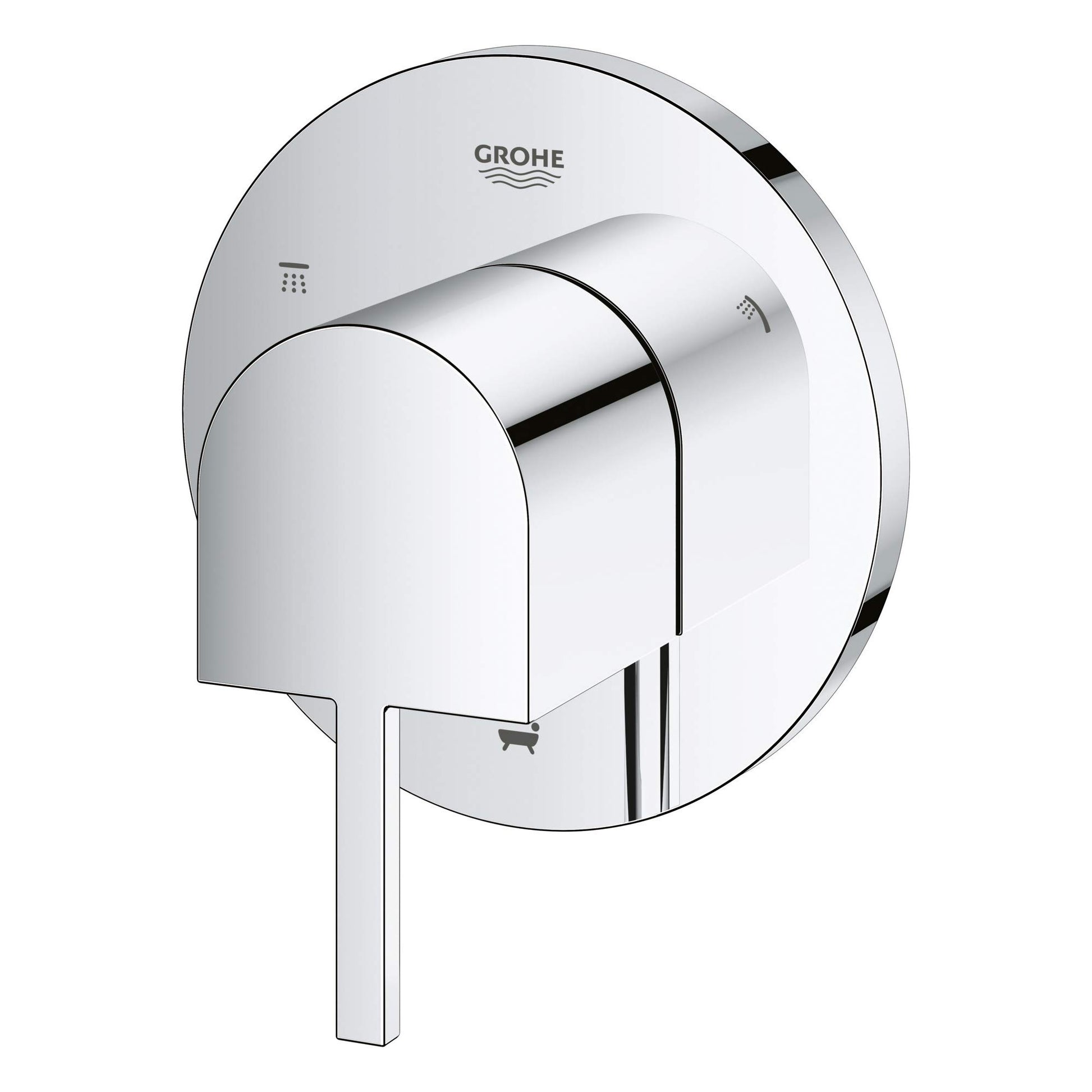 Chrome 3-way diverter trim with round escutcheon plate, lever handle, and Grohe branding.