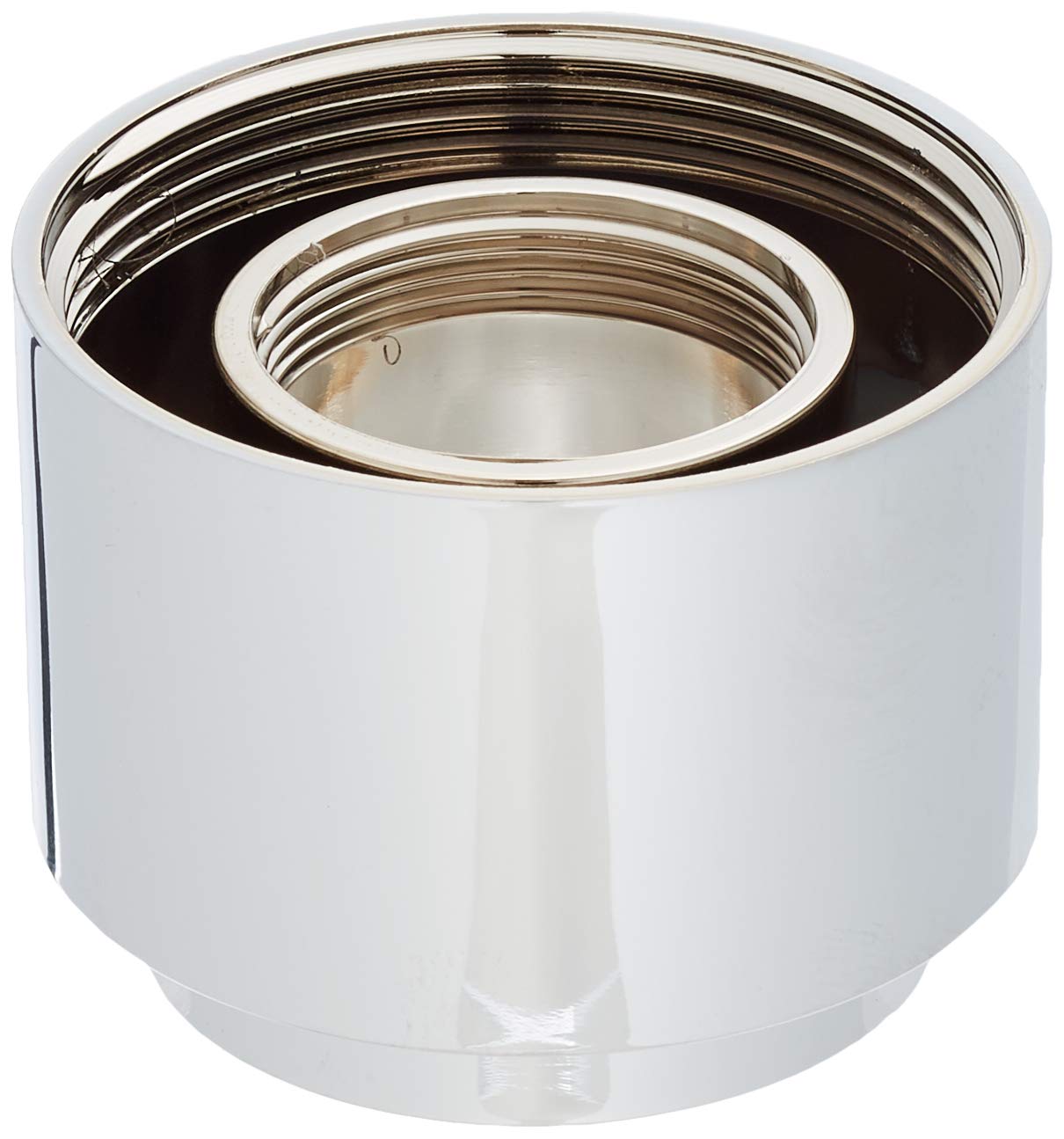 Chrome and white cylindrical sleeve with threaded metal rings inside the hollow opening.