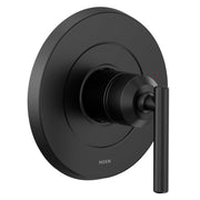 Matte black single-handle shower trim with circular escutcheon plate and lever handle.