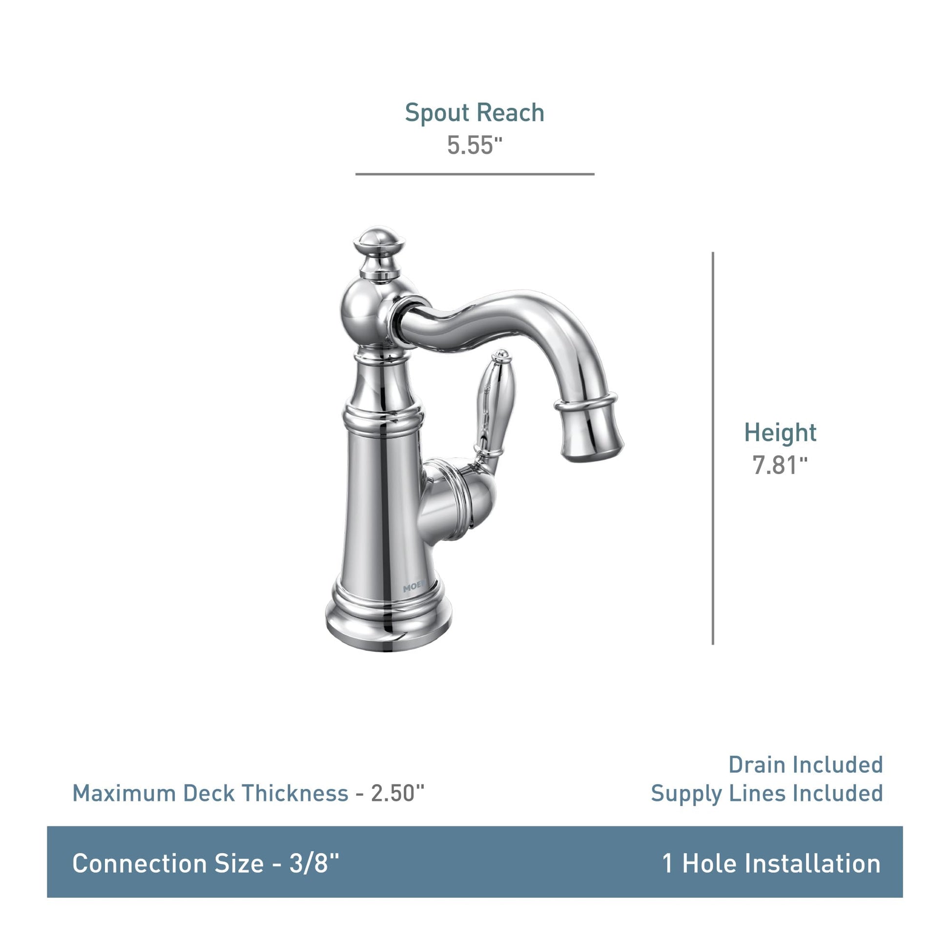 Moen Weymouth single-handle bathroom sink faucet in polished chrome with curved spout and decorative handle.
