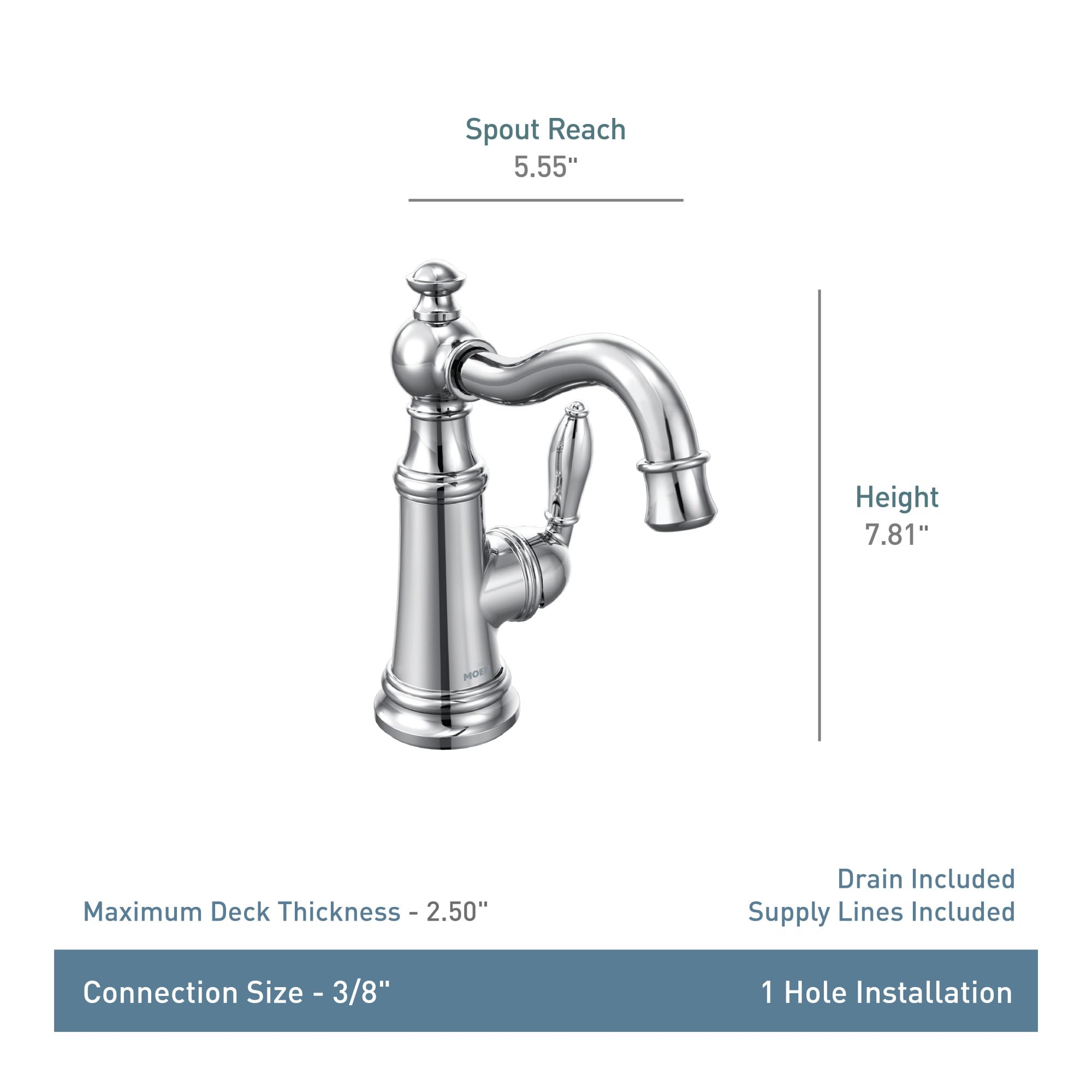 Moen Weymouth single-handle bathroom sink faucet in polished chrome with curved spout and decorative handle.