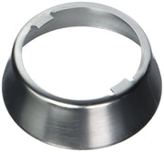 Chrome finish metal escutcheon and gasket ring with oval opening and mounting tabs.