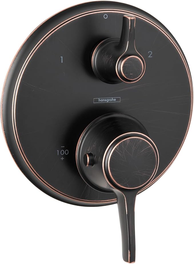Round rubbed bronze thermostatic trim with two circular control handles, temperature dial, and diverter lever.