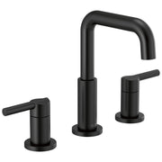 Matte black widespread bathroom faucet with two handles and tall curved spout.