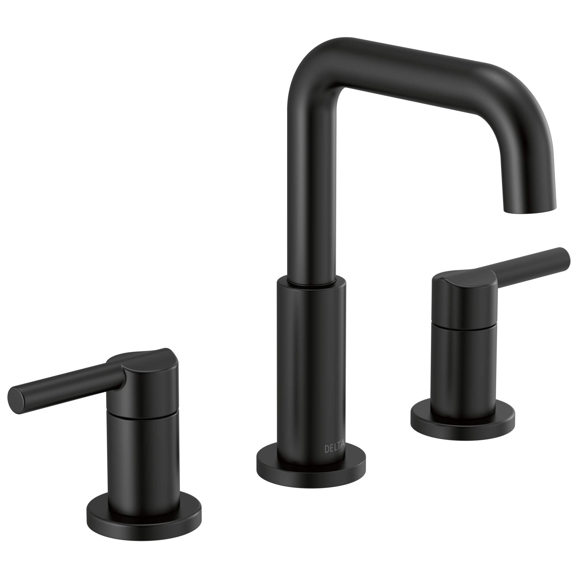 Matte black widespread bathroom faucet with two handles and tall curved spout.