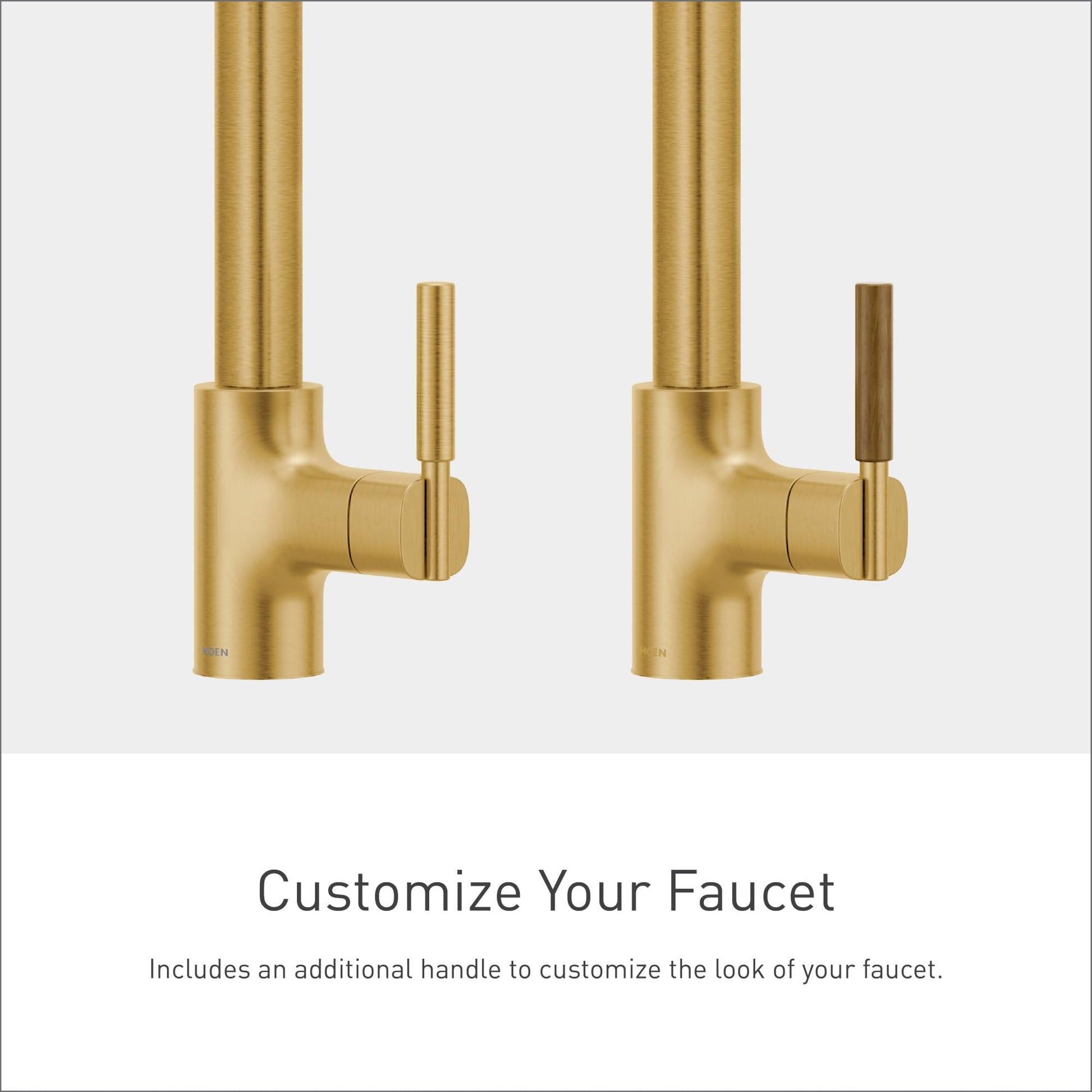 Brushed gold kitchen faucet with pulldown spray shown with two interchangeable handle options.