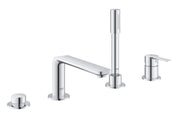 Chrome deck-mounted Roman tub faucet with single handle, hand shower, and three additional control knobs.