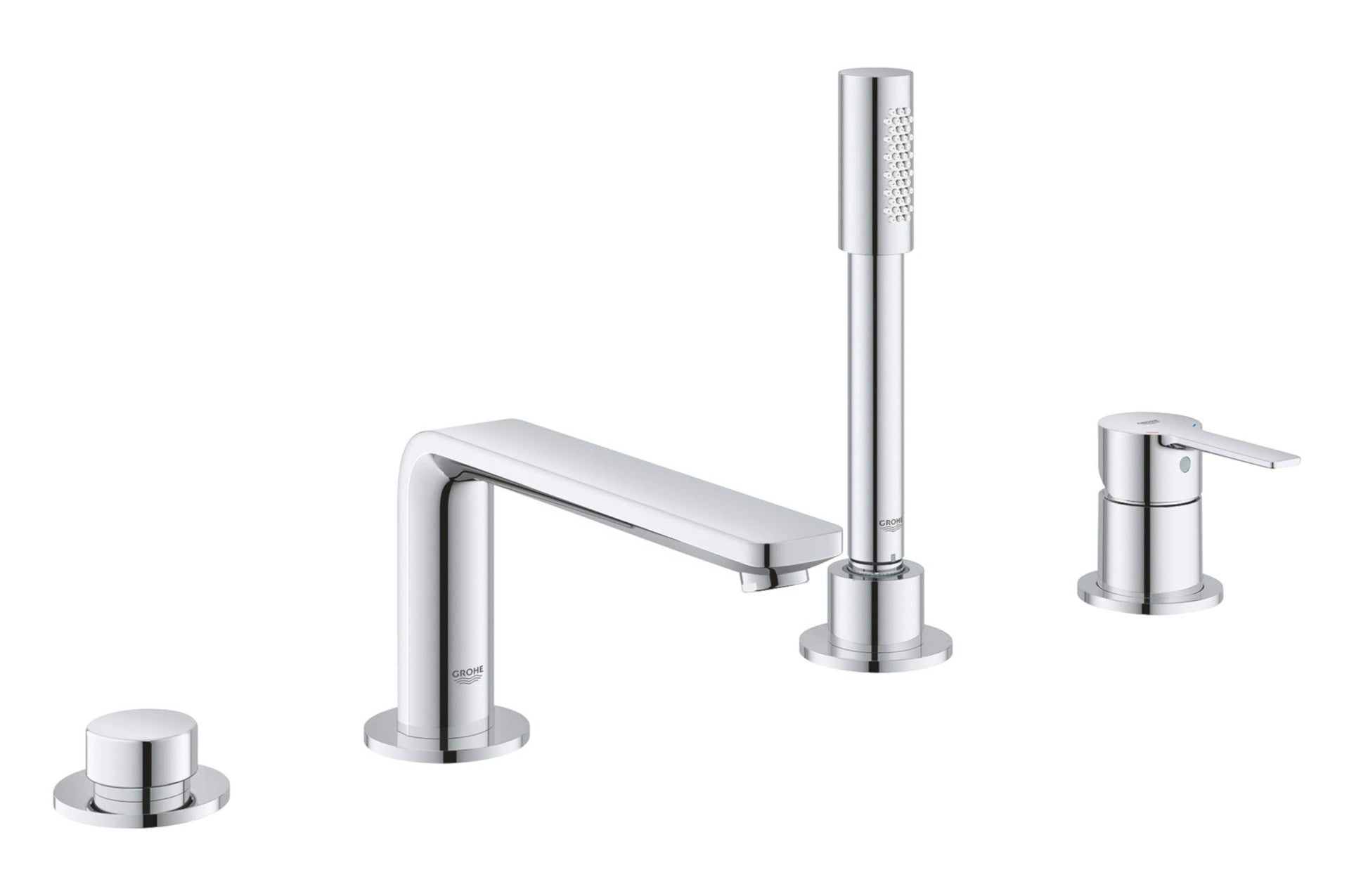 Chrome deck-mounted Roman tub faucet with single handle, hand shower, and three additional control knobs.
