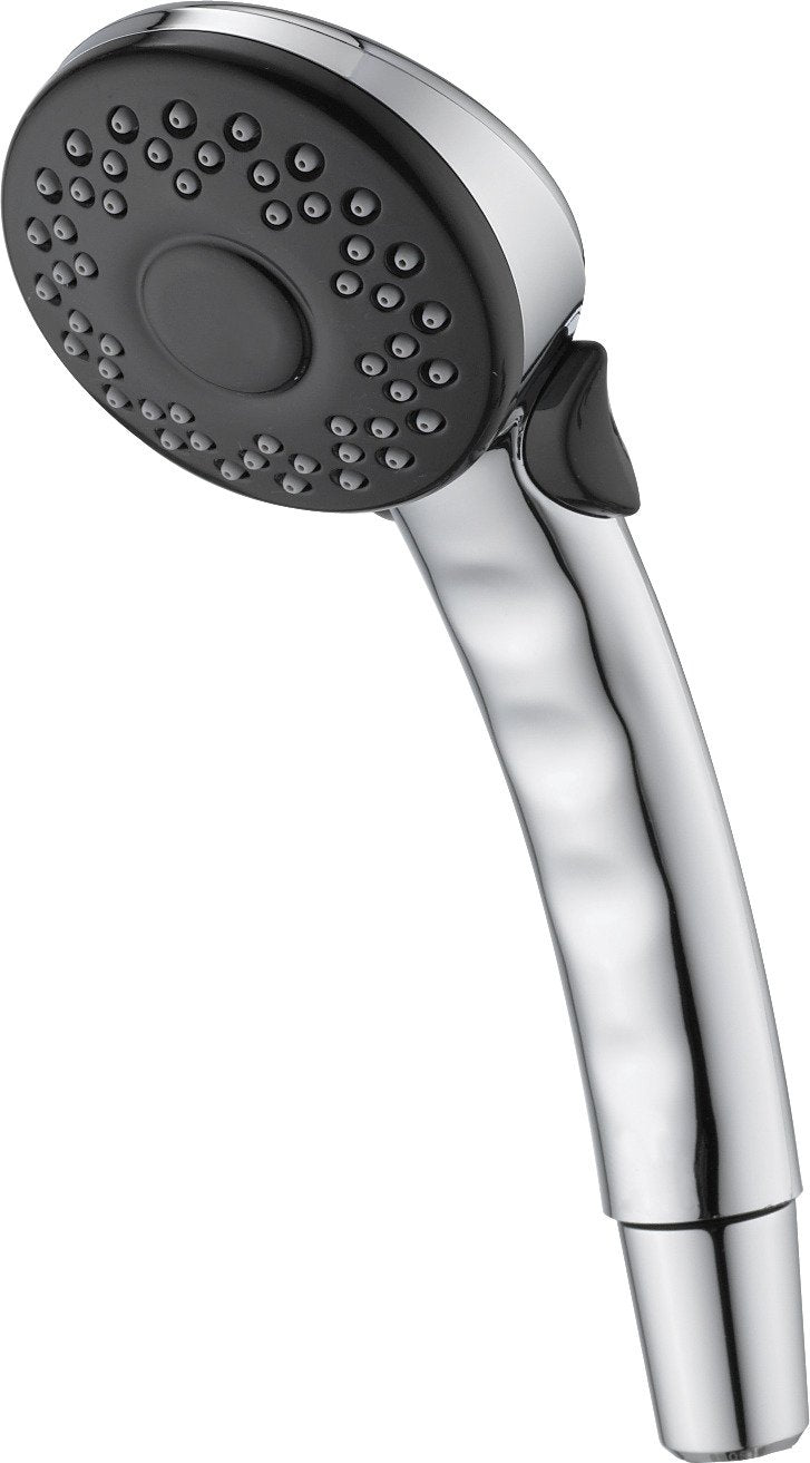 Chrome hand shower with black circular head featuring multiple spray holes and ergonomic grip handle.