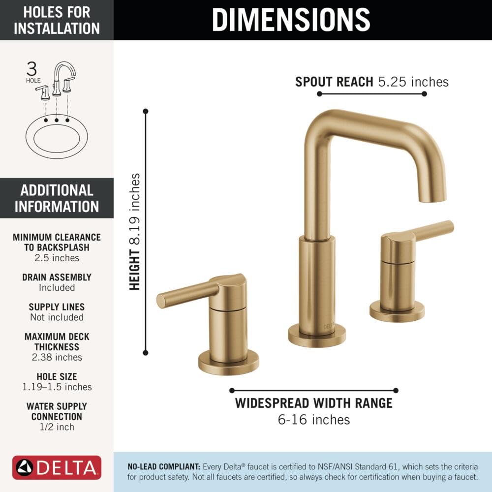 Delta Nicoli champagne bronze two-handle widespread bathroom faucet with curved spout and lever handles.