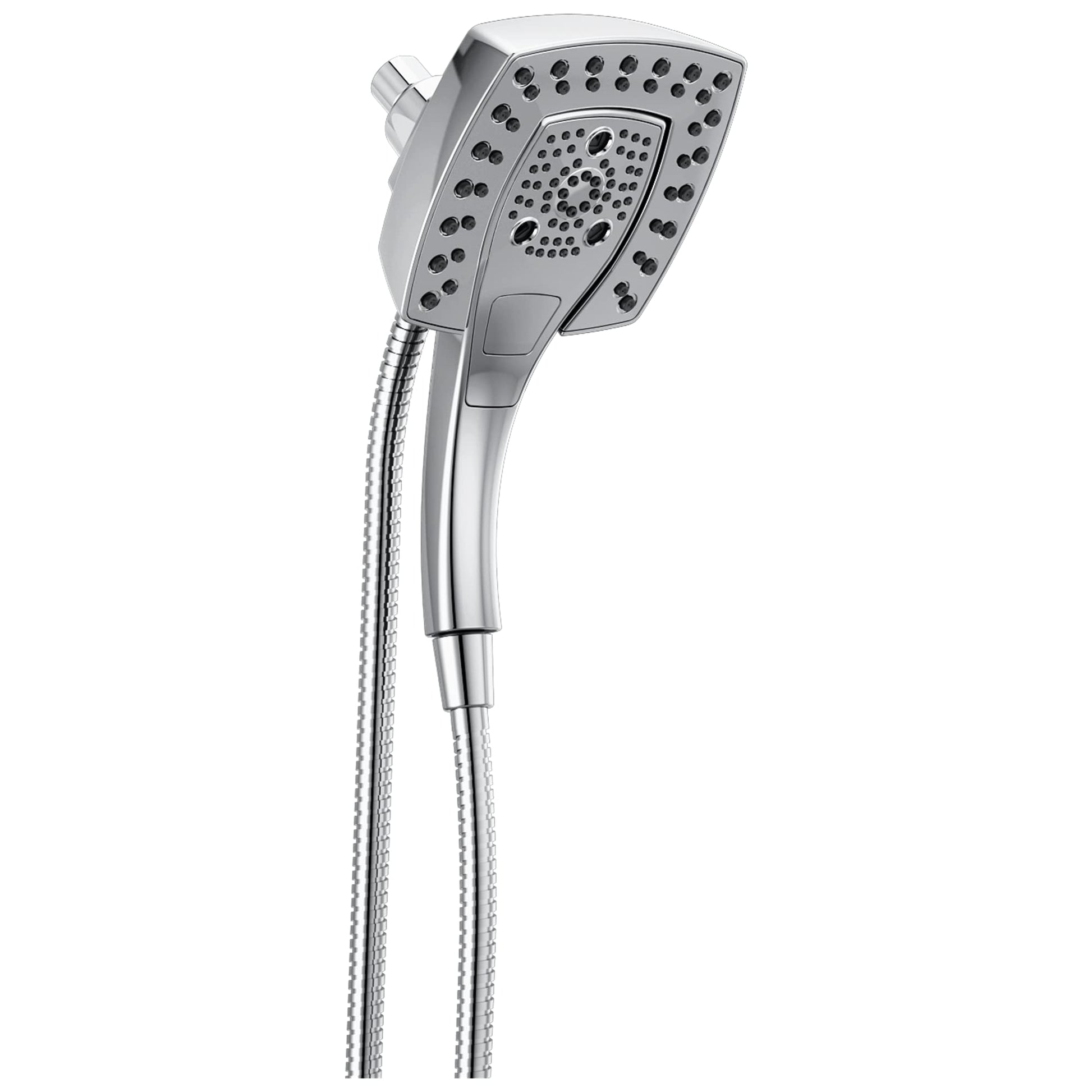 Chrome dual-function square shower head with multiple spray holes and attached hose.