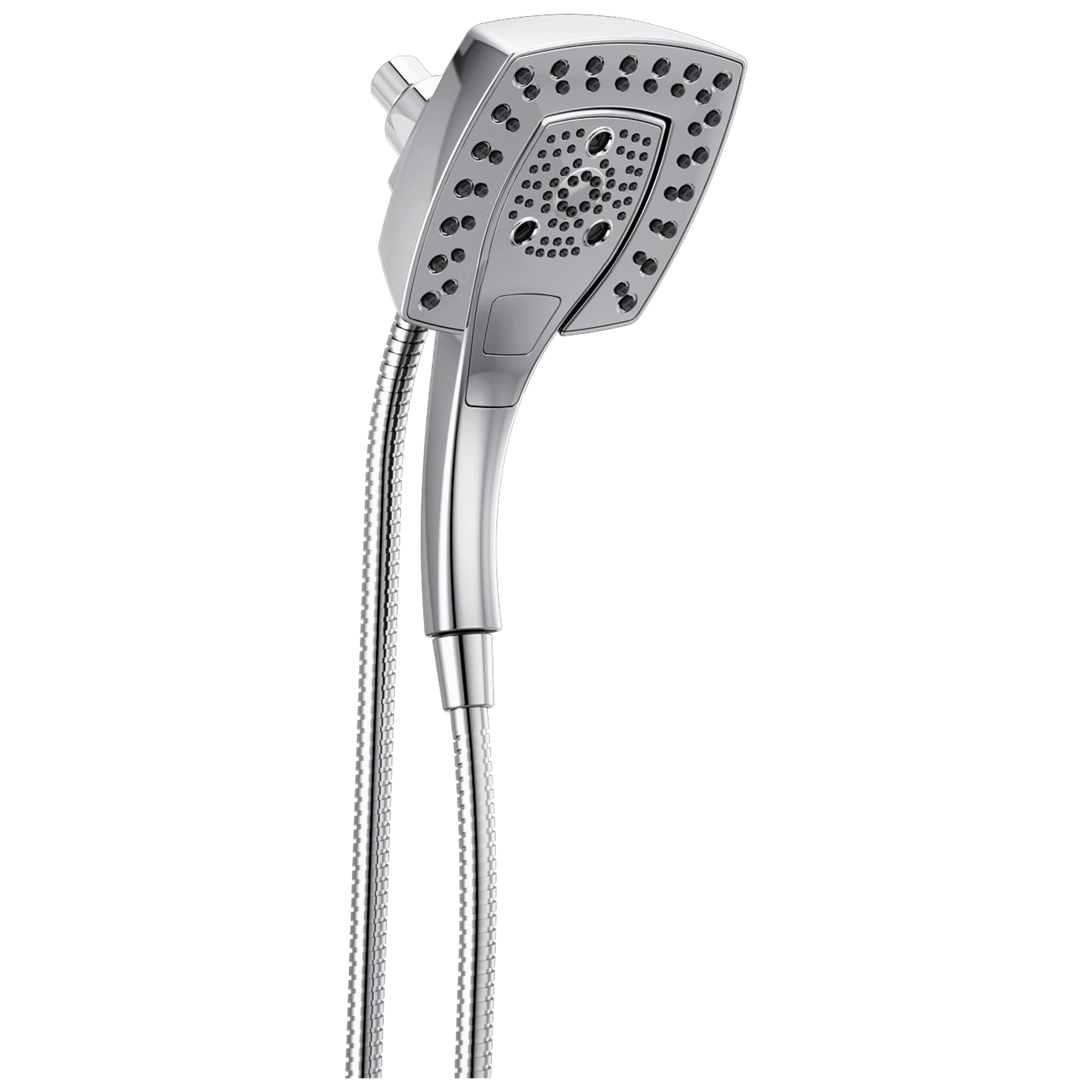 Chrome dual-function square shower head with multiple spray holes and attached hose.