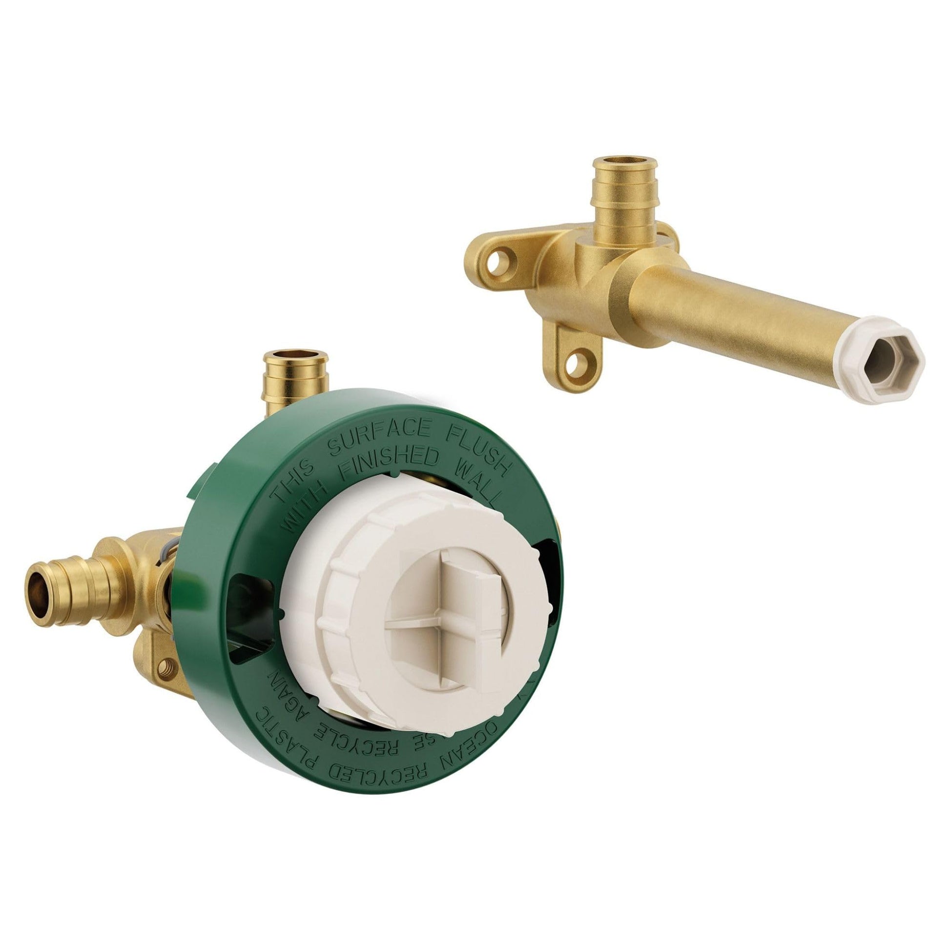 Brass rough-in valve with green trim ring and white cartridge, plus separate brass wall-mount spout with PEX connections.