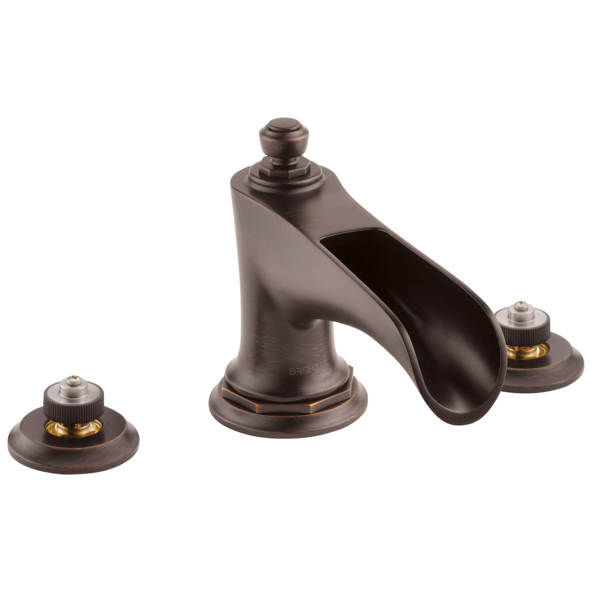Bronze three-piece Roman tub faucet with curved channel spout and two round base handles.