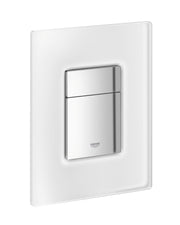 Grohe Skate wall plate in frosted white with dual-flush button in brushed stainless steel finish.