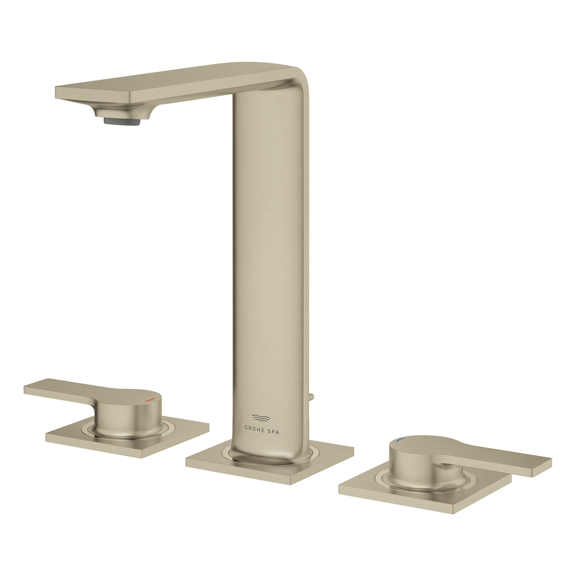 Chrome widespread bathroom faucet with tall central spout and two lever handles on square bases.