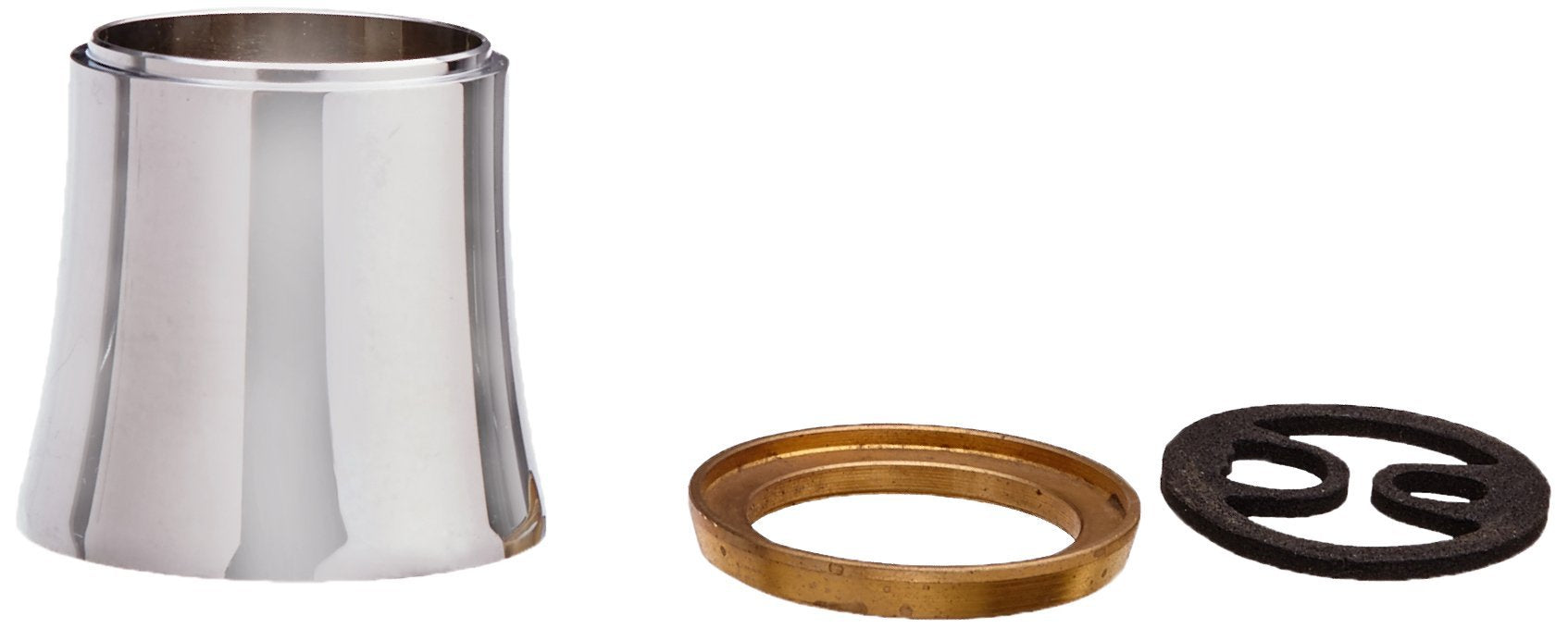 Chrome sleeve with tapered design, brass base ring, and black rubber gasket for faucet assembly.