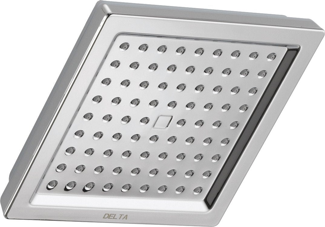 Square chrome shower head with grid pattern of multiple spray jets and Delta branding.