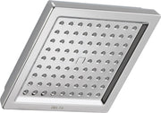 Square chrome shower head with grid pattern of multiple spray jets and Delta branding.