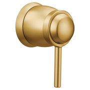 Brushed gold valve trim with round handle and cylindrical body for shower or bath water control.