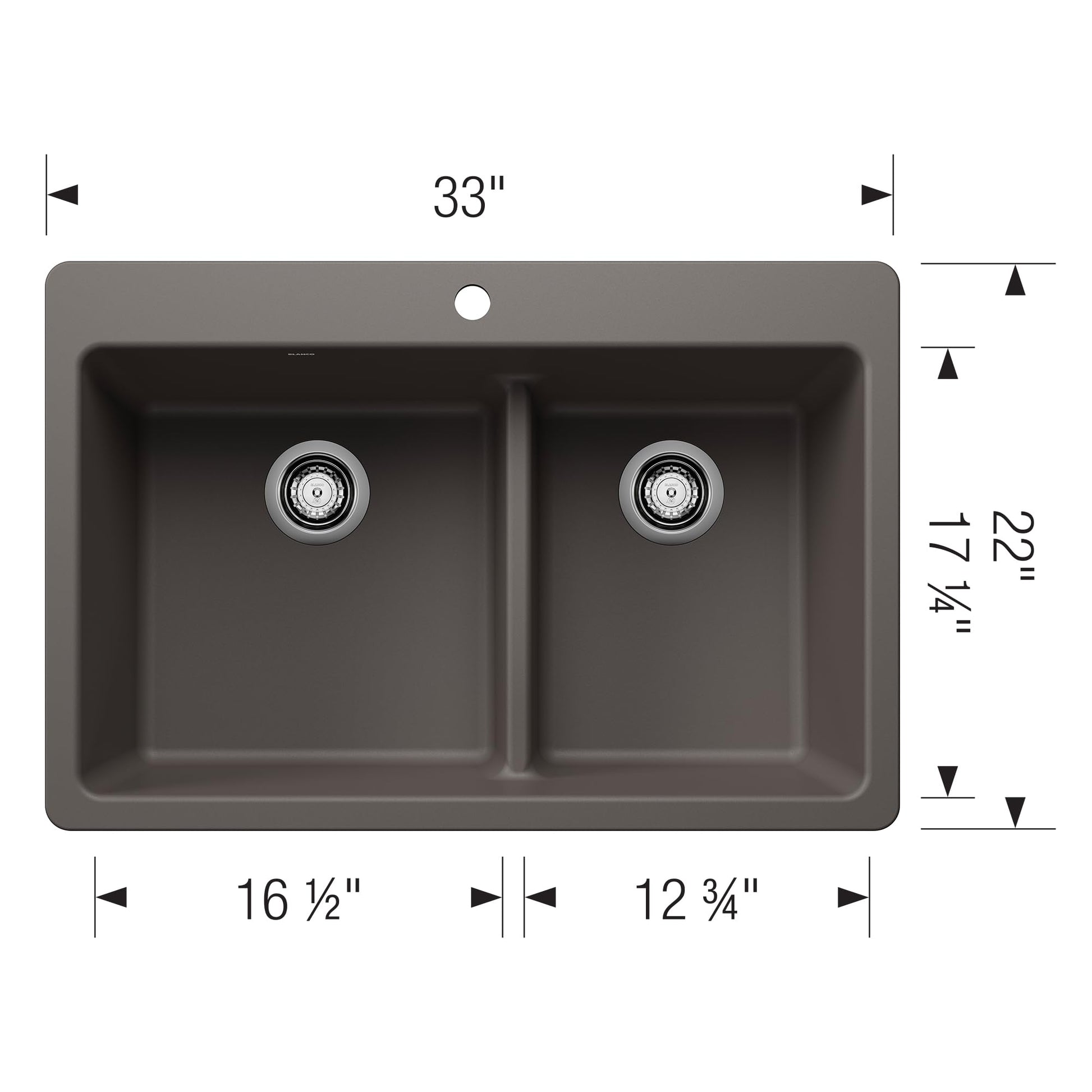 Volcano gray dual-bowl sink with low divide, two stainless steel drains, 33" wide, top-mount configuration.