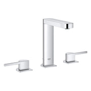 Chrome widespread bathroom faucet with tall central spout and two lever handles on square bases.