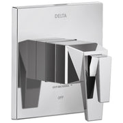 Chrome Delta Trillian valve trim with square escutcheon plate, single lever handle, and integrated diverter marked "OFF".