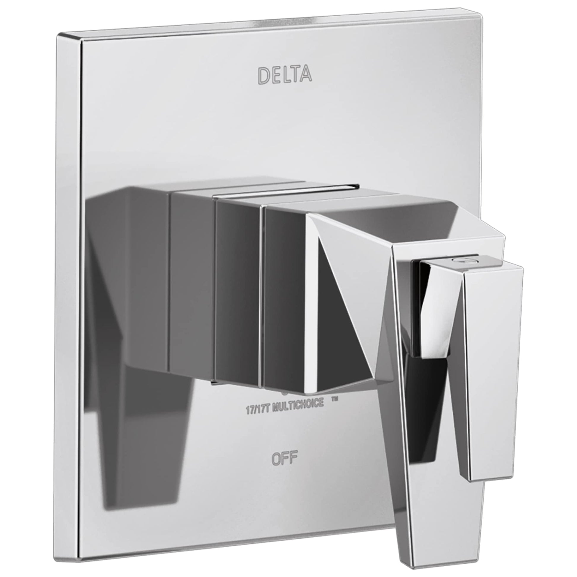 Chrome Delta Trillian valve trim with square escutcheon plate, single lever handle, and integrated diverter marked "OFF".