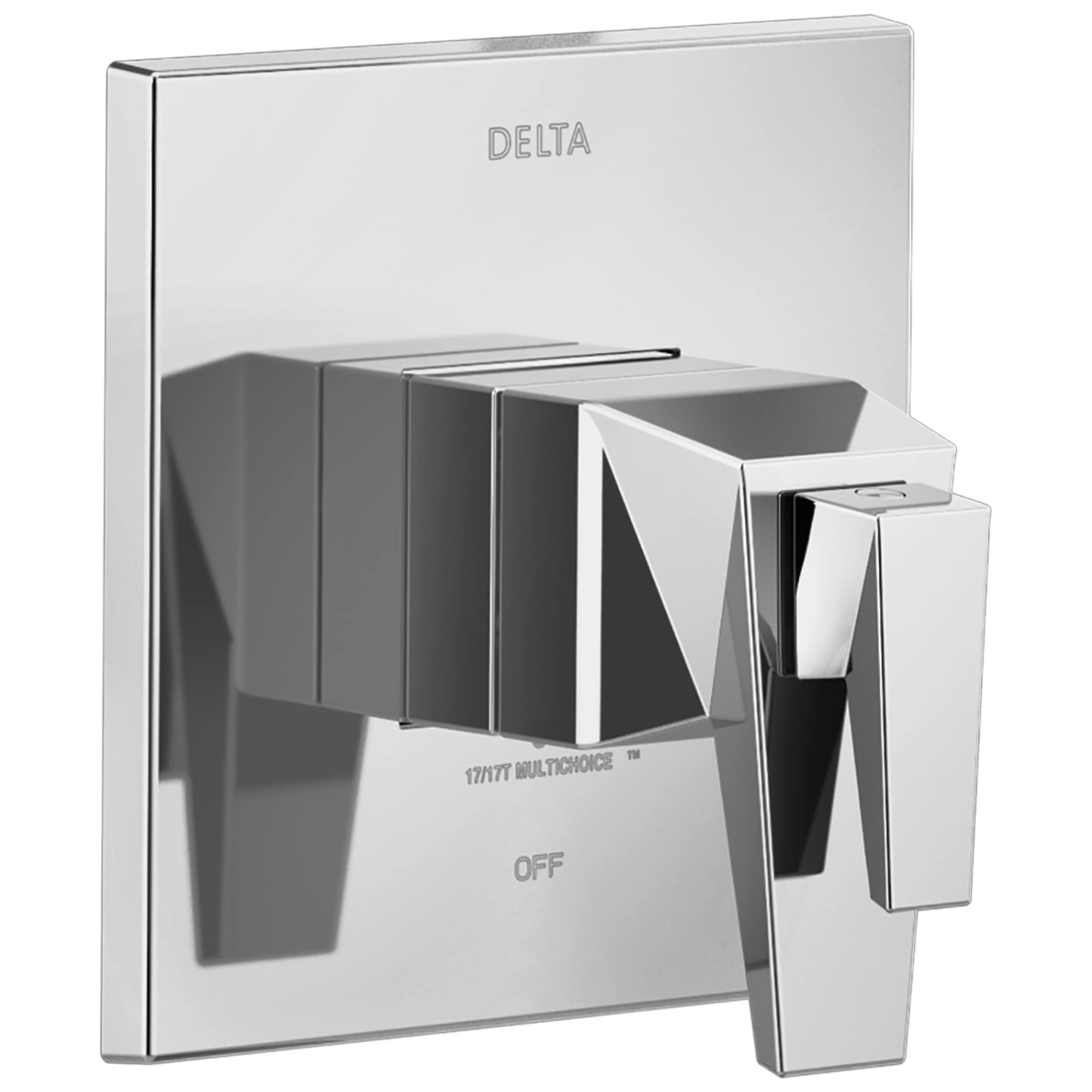 Chrome Delta Trillian valve trim with square escutcheon plate, single lever handle, and integrated diverter marked "OFF".