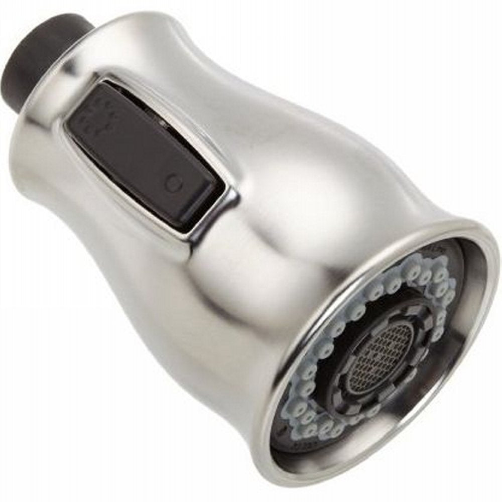 Arctic stainless pull-down kitchen faucet spray head with black button trigger and circular spray outlet.