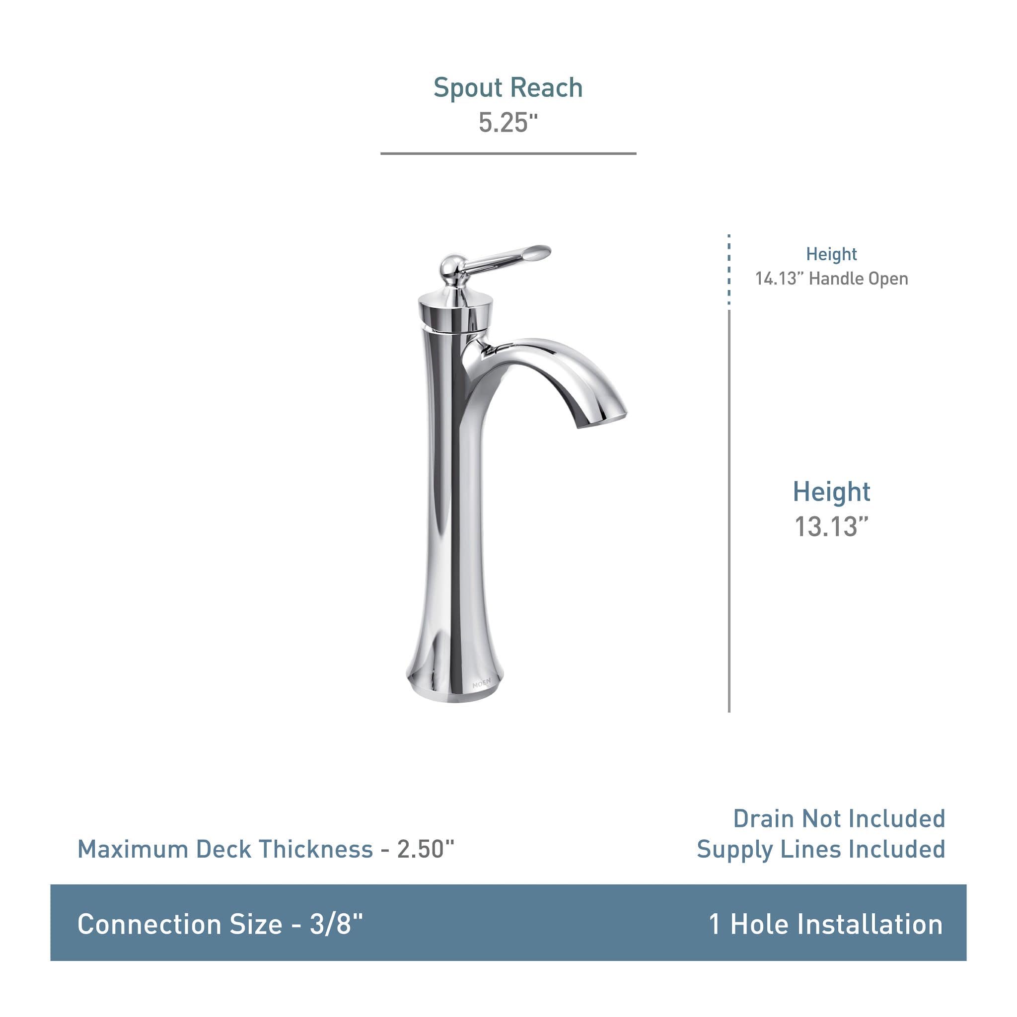 Chrome single-handle high-arc faucet with curved spout, lever handle, and tall cylindrical base for vessel sinks.