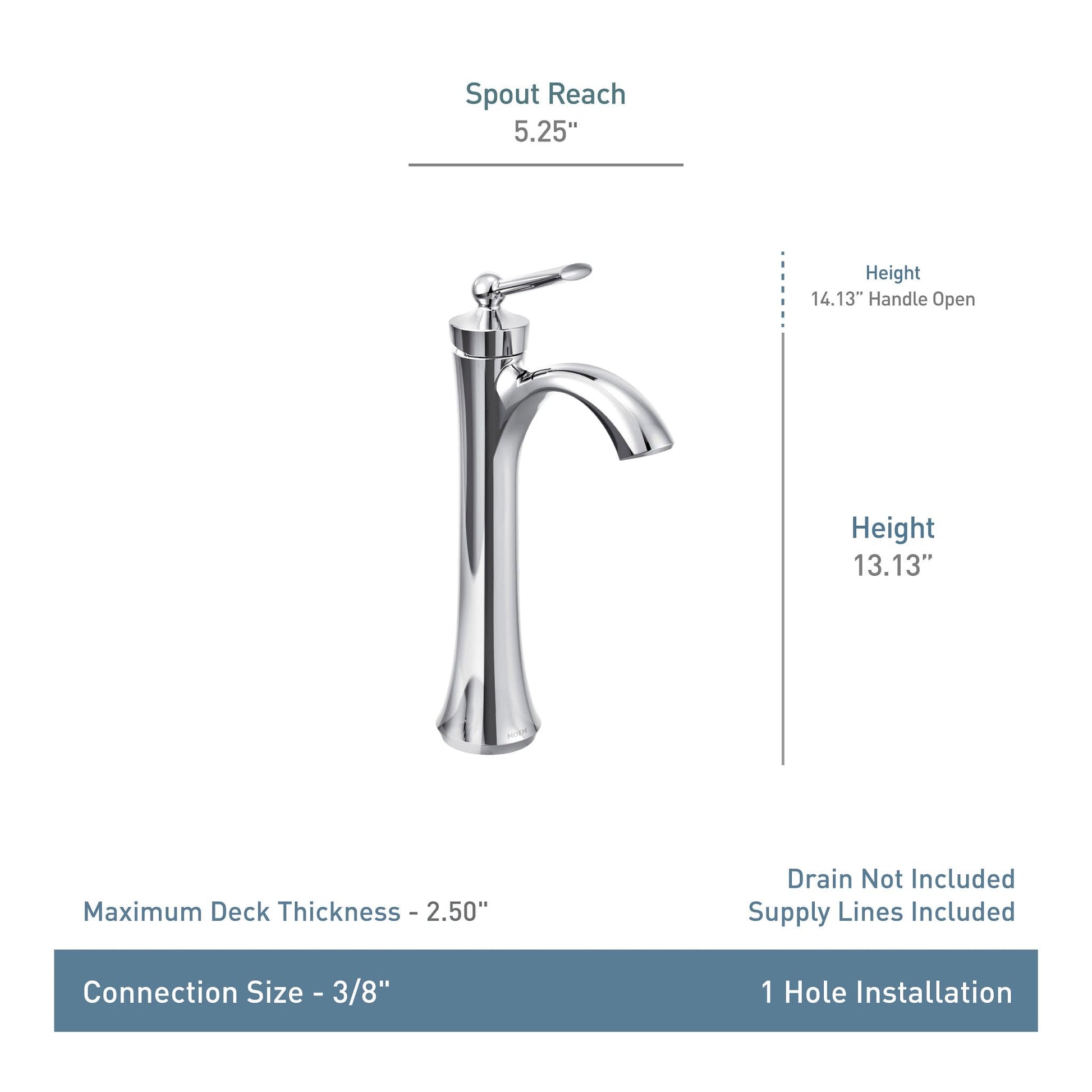Brushed nickel single-handle high-arc vessel faucet with lever handle, 13.13" height, 5.25" spout reach.
