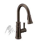 Oil rubbed bronze pulldown kitchen faucet with curved spout and motion sensor indicator on base.