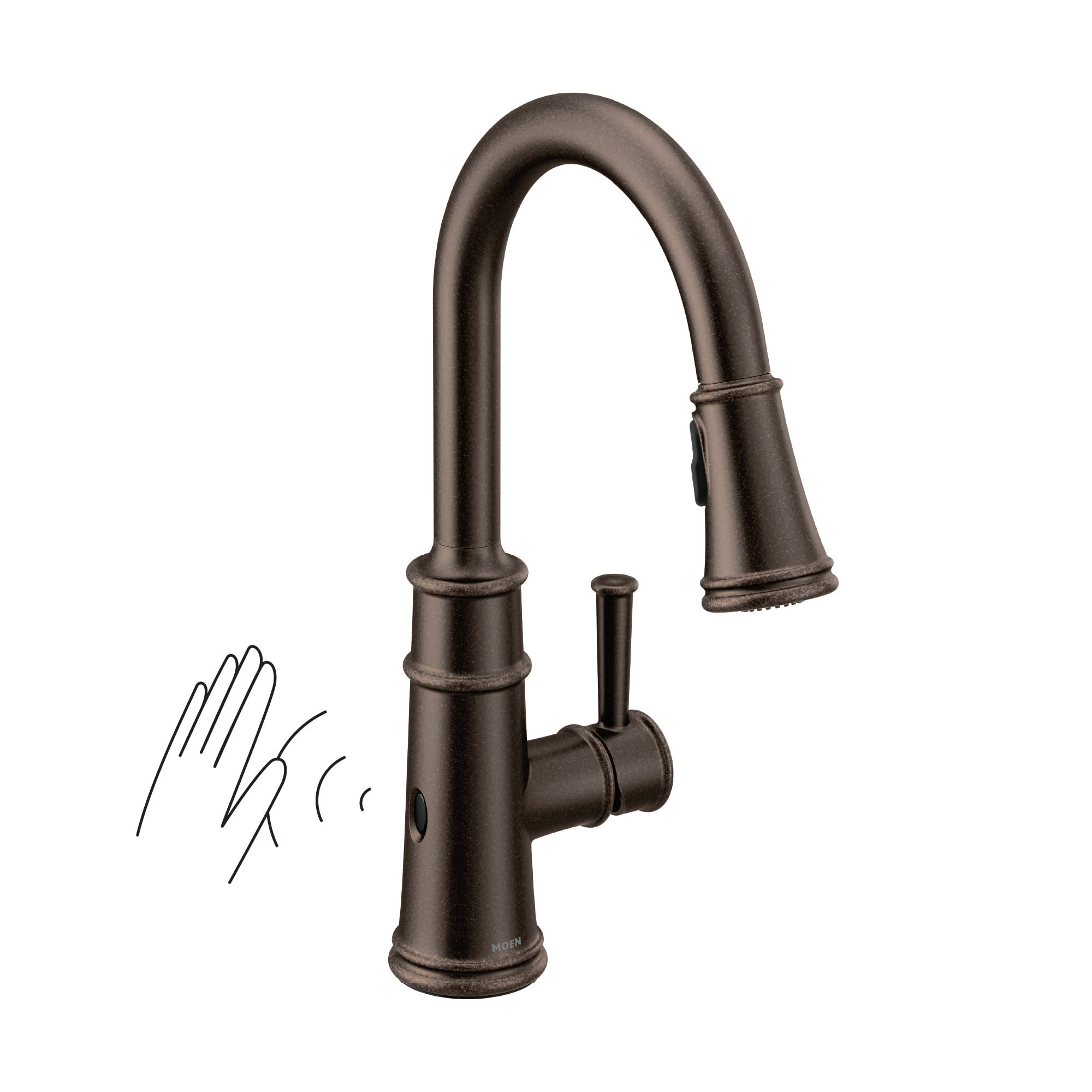 Oil rubbed bronze pulldown kitchen faucet with curved spout and motion sensor indicator on base.