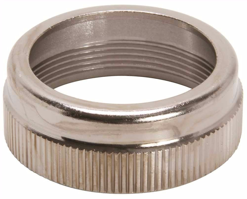 Chrome-finished cylindrical bonnet with threaded interior and textured grip band around lower edge.