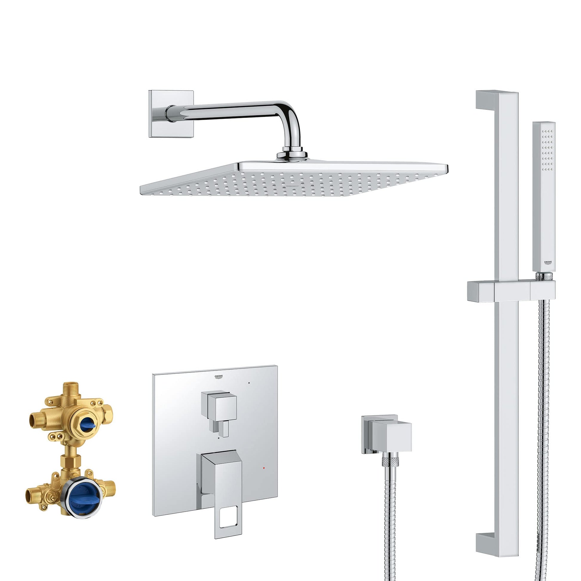Chrome pressure balance rain shower set with wall-mounted showerhead, hand shower, vertical rail, and valve trim plate.