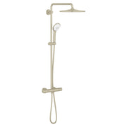 Brushed nickel thermostatic shower system with overhead rainhead, handheld spray, and wall-mounted control valve.