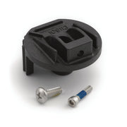 Black plastic handle adapter with mounting slots and two metal screws, one chrome and one with blue grip collar.