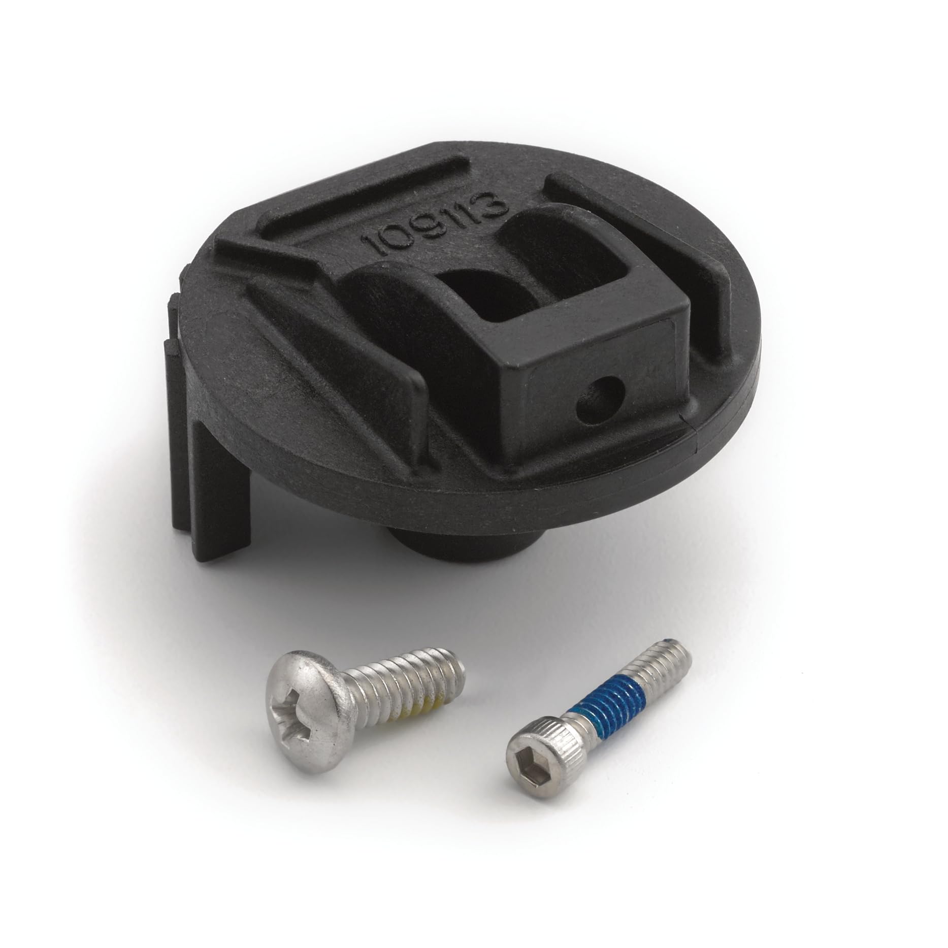Black plastic handle adapter with mounting slots and two metal screws, one chrome and one with blue grip collar.