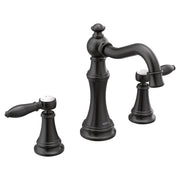 Matte black two-handle bathroom faucet trim kit with lever handles and curved spout.