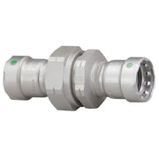 Silver metal press union connector with green indicator dots on each end and hexagonal center fitting.