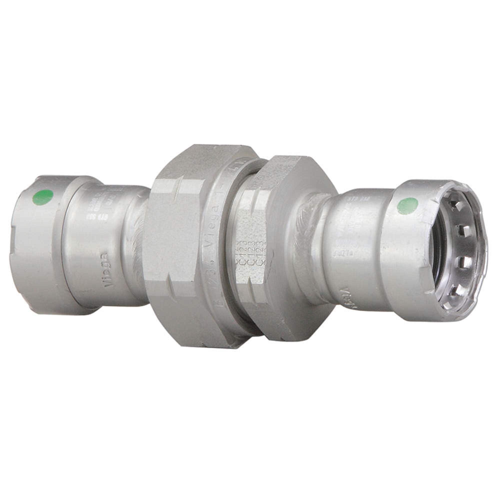 Silver metal press union connector with green indicator dots on each end and hexagonal center fitting.