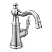 Chrome single-handle bathroom sink faucet with curved spout and traditional ball-shaped handle on cylindrical base.