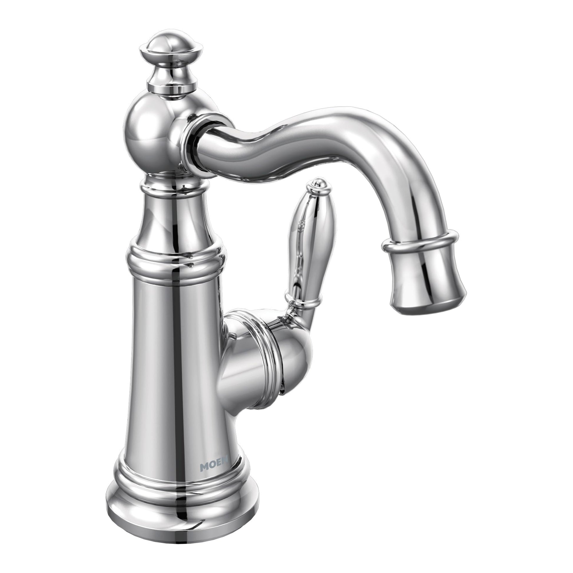 Chrome single-handle bathroom sink faucet with curved spout and traditional ball-shaped handle on cylindrical base.